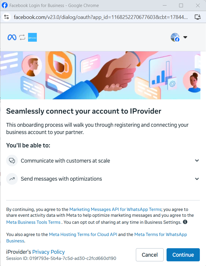 Facebook Login for Business popup showing Seamlessly connect your account to IProvider