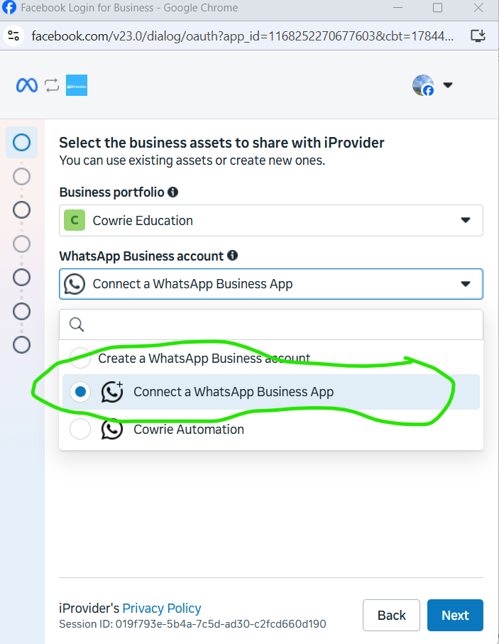 WhatsApp Business account dropdown showing Connect a WhatsApp Business App selected with green circle highlight