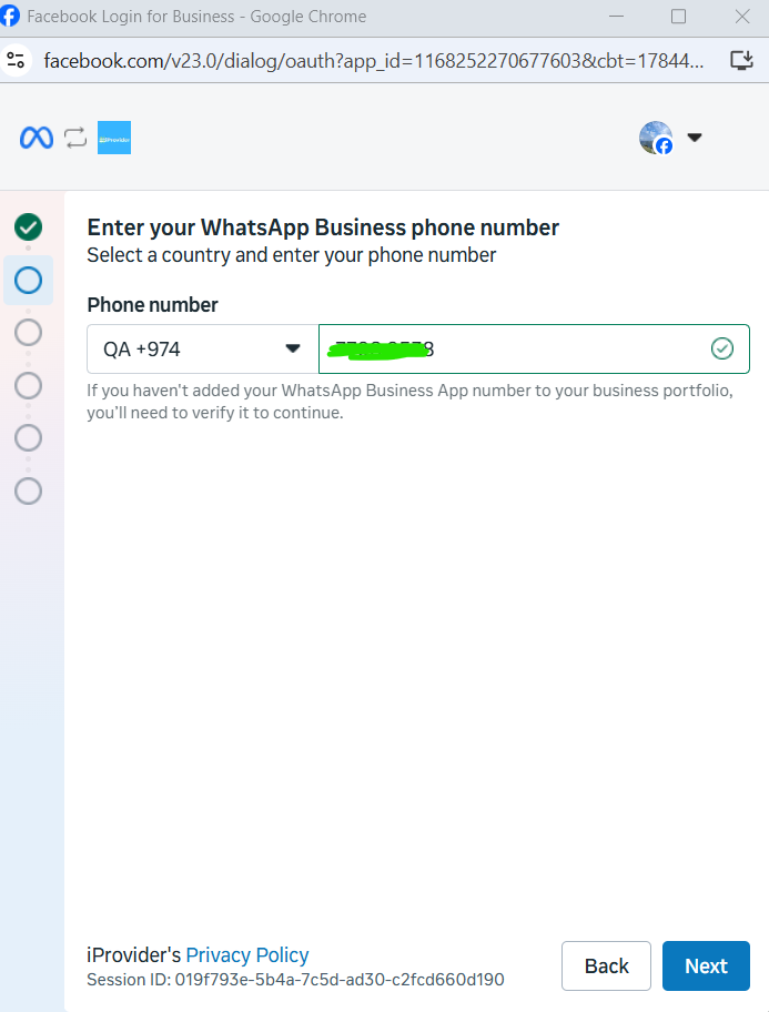 Enter your WhatsApp Business phone number screen with country code QA +974 and verified green checkmark