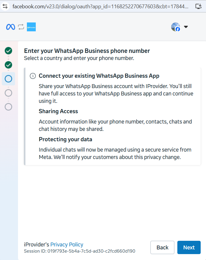 Connect your existing WhatsApp Business App confirmation screen showing Sharing Access and Protecting your data