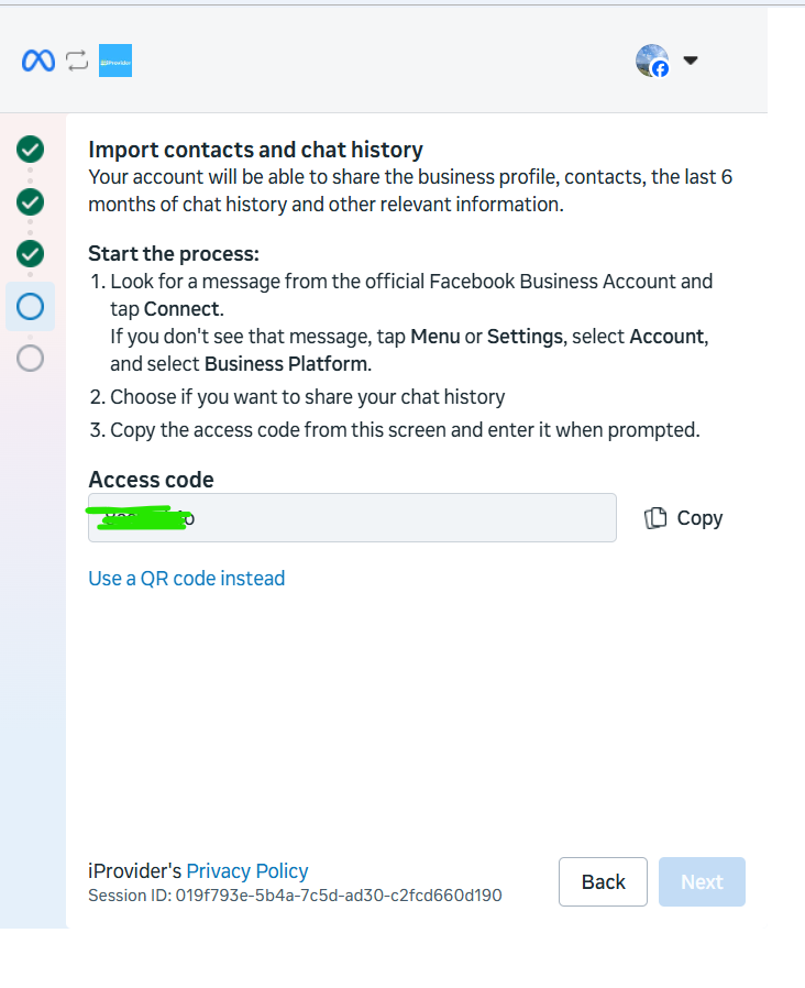 Import contacts and chat history screen with access code and Copy button