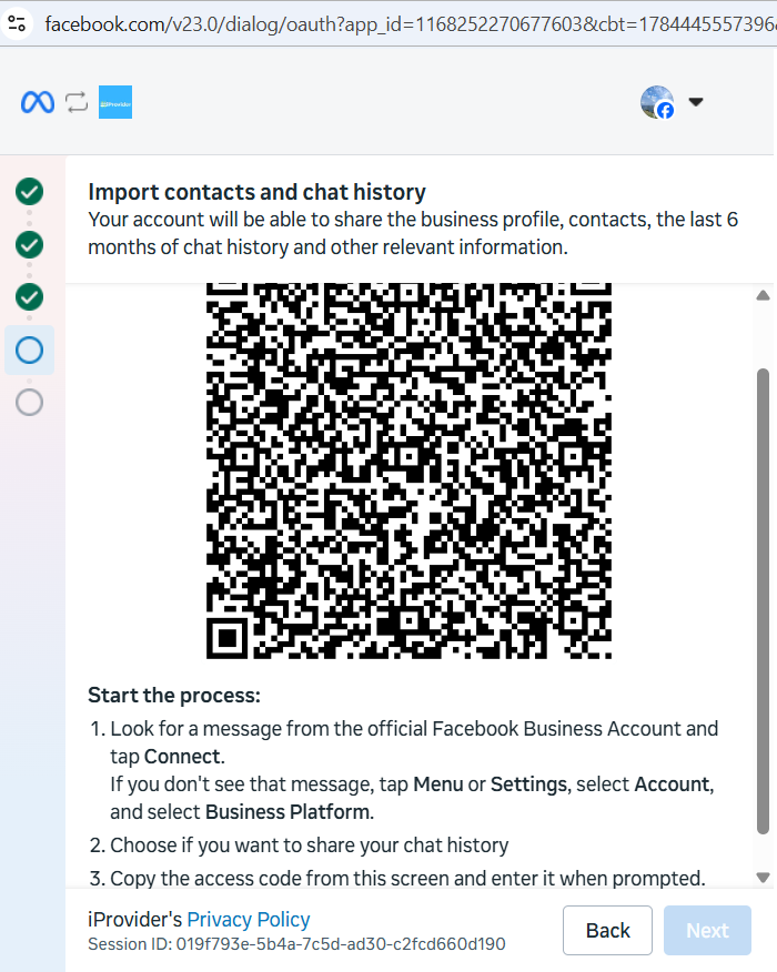 Import contacts and chat history screen with QR code to scan from WhatsApp Business App