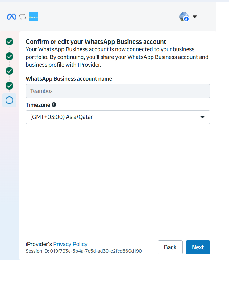 Confirm or edit your WhatsApp Business account screen showing account name Teambox and timezone Asia/Qatar