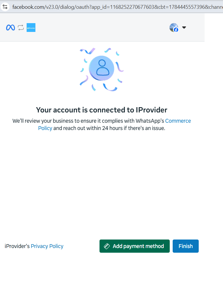 Success screen showing Your account is connected to IProvider with Add payment method and Finish buttons